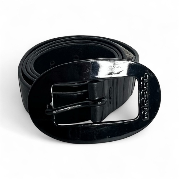 DIESEL Mens Black Leather Belt Avante Garde Distressed Y2K Luxury Sz 90cm/34in - Picture 1 of 8